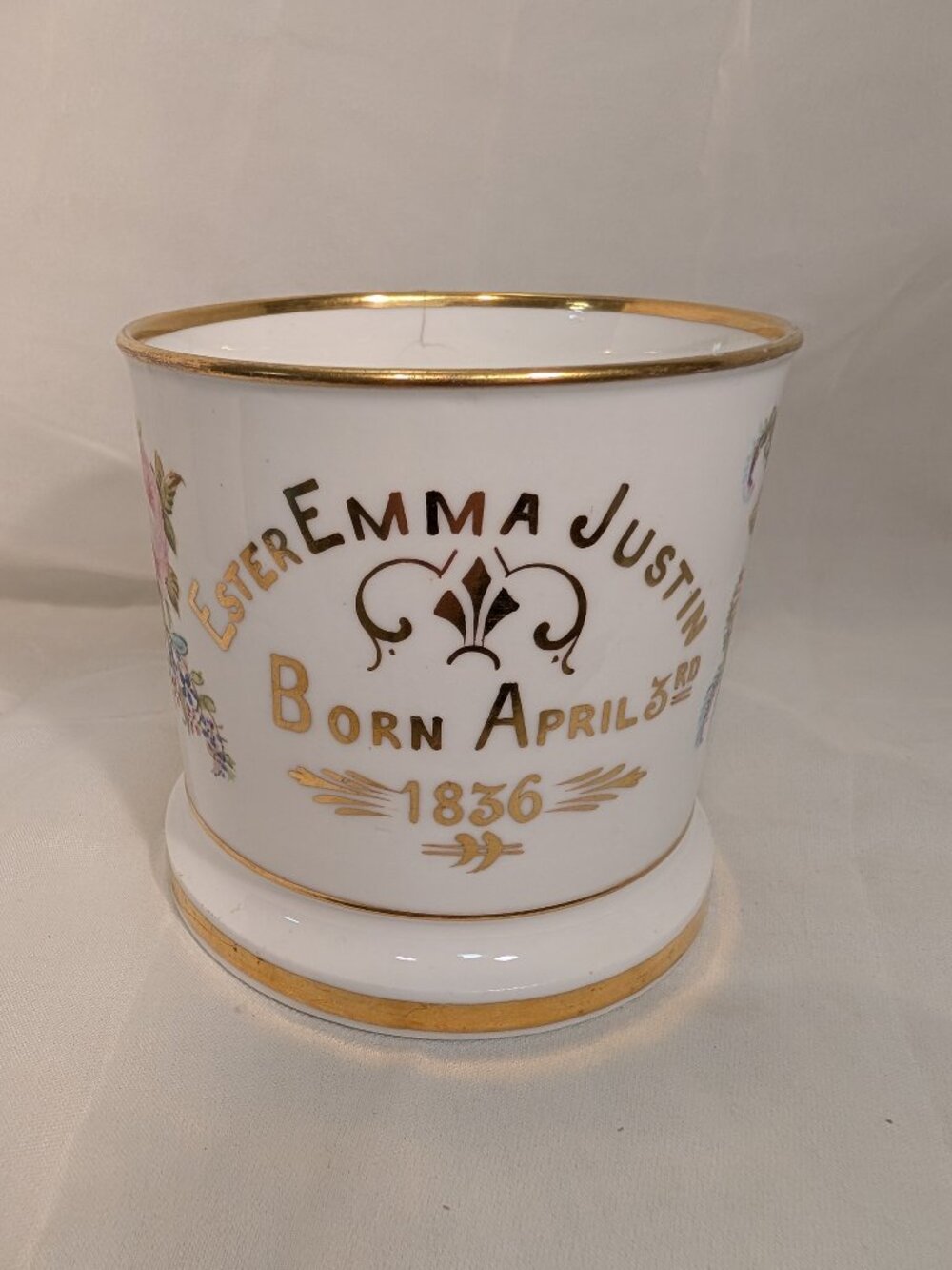 Antique Victorian Porcelain Birth Christening Mug Emma Justin Born April 5 1836
